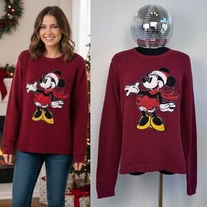 Vintage Disney Store Minnie Mouse Christmas Sweater Burgundy Red Knit Medium